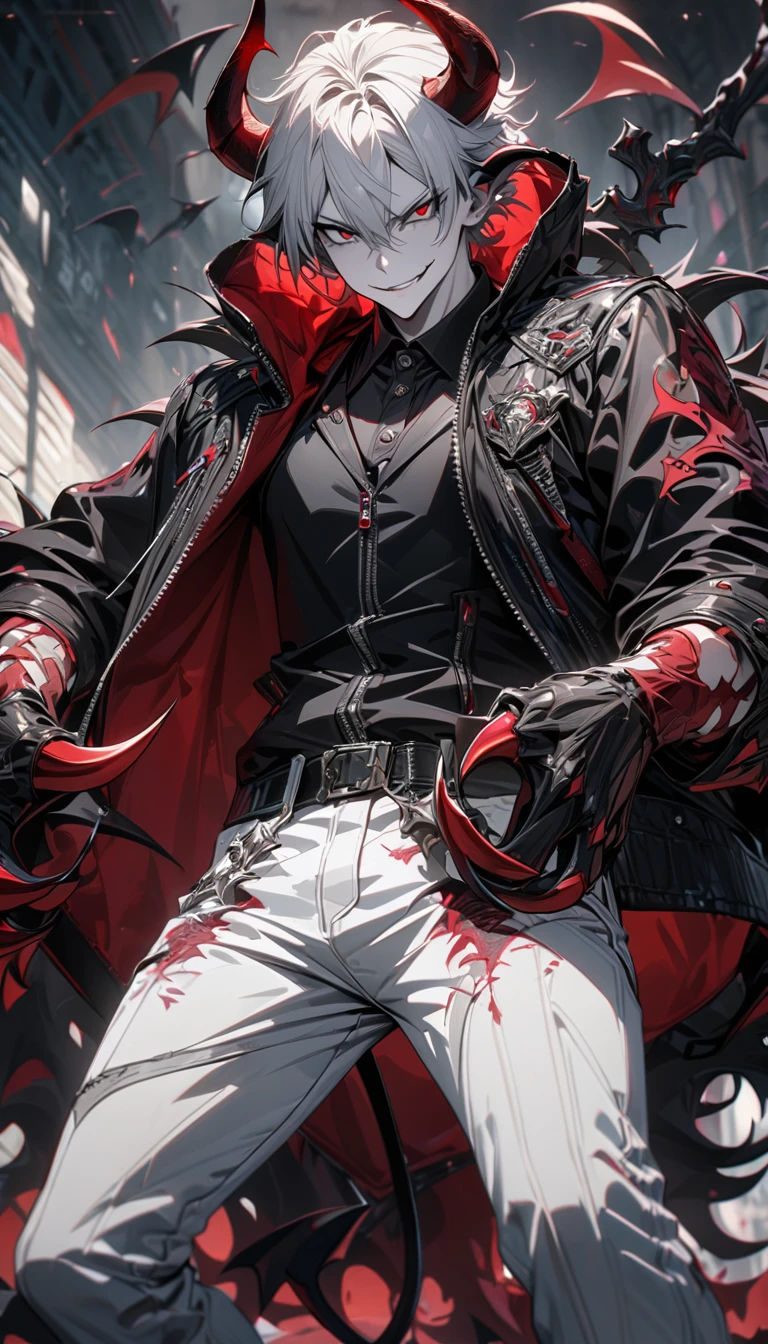 Adult guy, short white hair, red eyes, black eyes, pale skin, demon horns, demon tail, claws, smirk, black sleeveless jacket, open torso, white jeans, demon jacket, Masterpiece, best quality, Full HD, 8k, ultra details, great graphic
