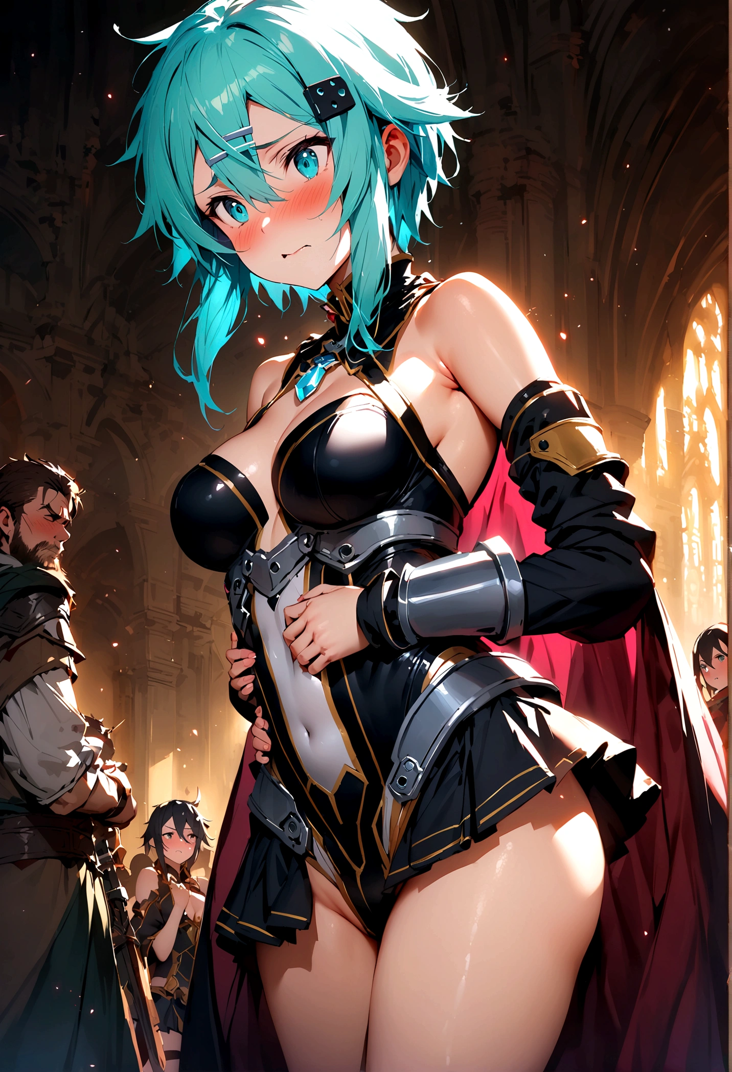 NSFW,masterpiece,Highest quality,High resolution,Super detailed,Sinon\(Sword Art Online\),Bare shoulders,Removable sleeves,Hand guard,leotard,Cape,mini skirt,gem, hair ornaments, Hair Clip,Embarrassed,expectant face,(Lust),(Estrus),blush,Fantasy,Adventurer&#39;s Guild,reception,indoor,(Tough-faced man),(Put your hands on my waist and hold me close),From the side