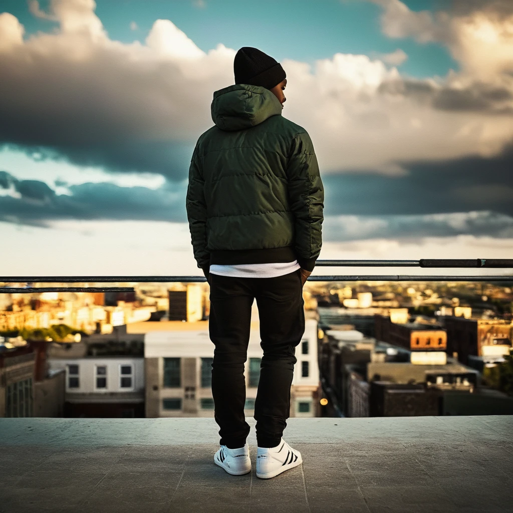 cinematic film still of From above, Juxtaposition of a man standing on a ledge looking at a city,solo,1boy,hat,standing,jacket,male focus,outdoors,sky,shoes,pants,cloud,dark skin,hood,bag,from behind,hoodie,bird,black pants,backpack,hood down,cloudy sky,building,sneakers,scenery,baseball cap,city,cityscape,photo background Juxtaposition, artistic, photography, dramatic light, dramatic shadow light, contrast, saturated color, cinematic, filmic, photographic, realistic, realism, perfection, perfect, Juxtaposed, opposite, different things, side by side, syncretism, antithesis, Juxtaposition style, shallow depth of field, vignette, highly detailed, high budget, bokeh, cinemascope, moody, epic, gorgeous, film grain, grainy