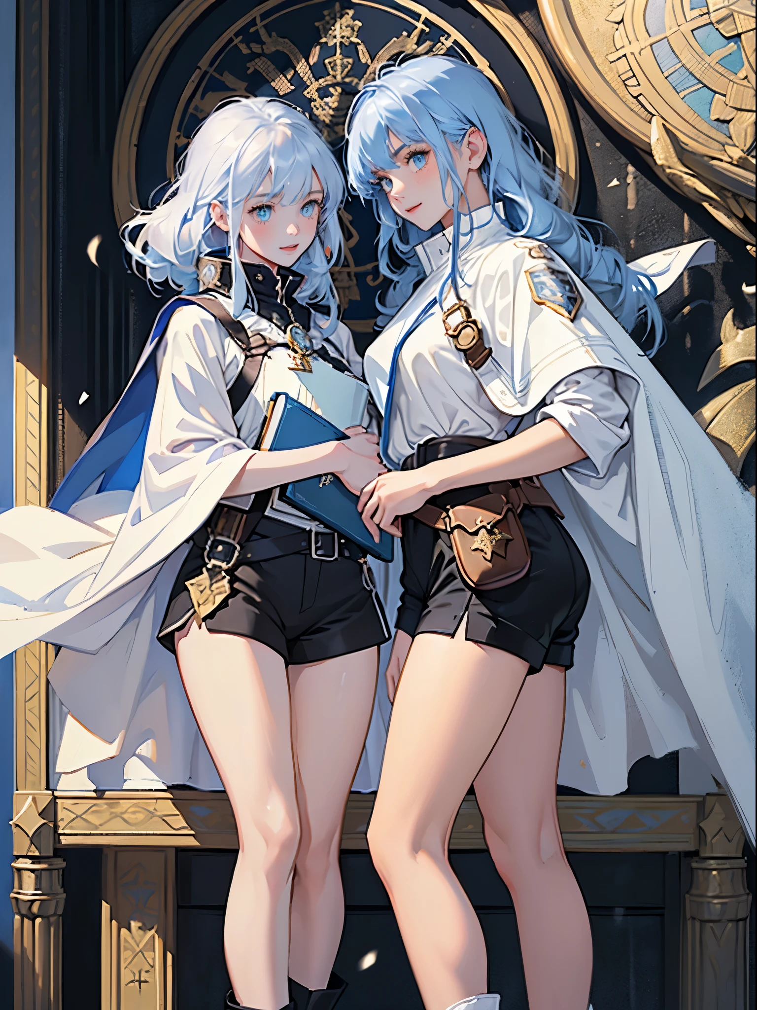 masterpiece, ultra detailed, 8K Portrait, Raw photo, (((((2 girls))))), girls photography, full body, Highly detailed face, ((Fantasy)), 15 years old, (((classmates))), smile, various hairstyles and hair color, (((white long tunic with a single vertical blue line))), (((black shorts))), (((white cape with coat of arms))), (((little waist hip pouch))), leather boots, various pose, ((holding magic book)), In the classroom of the medieval magic school, Midday Sun, Hyper realistic, Ambient lighting, Shadow details , Camera focus on face, strong breeze, Light fog