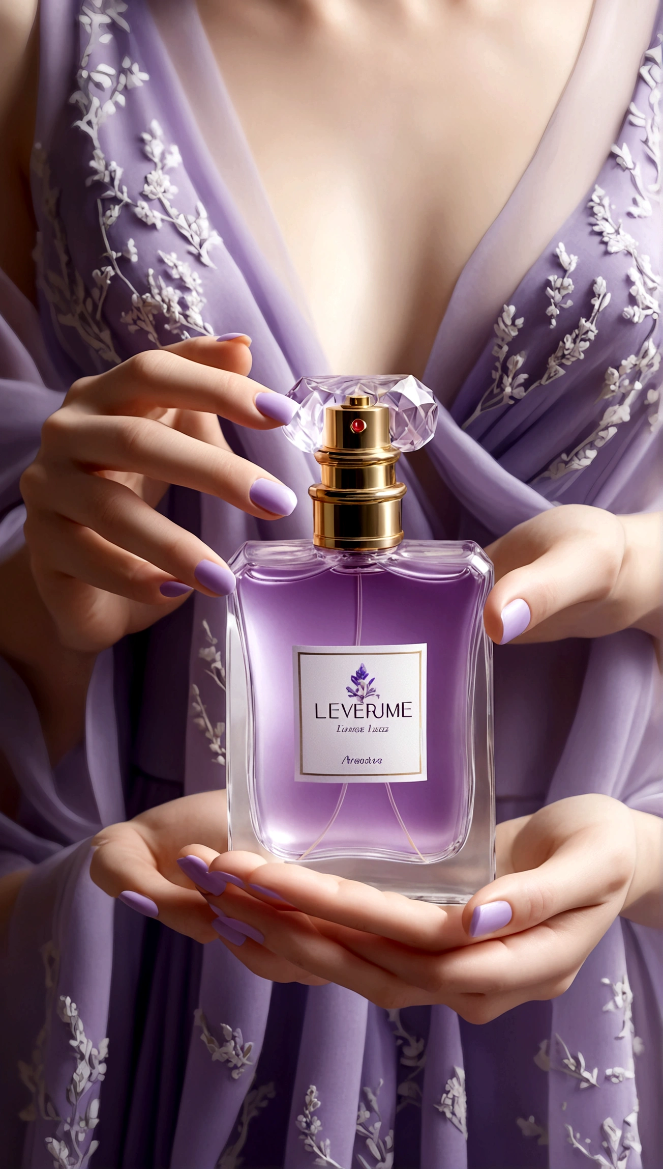 perfume in women's hands, on the hands there is a delicate lavender fabric, fabric is light on perfume, beautiful perfume, aesthetic advertising, stylish perfume, soft aura, blurred background, light, gentle perfume, cold haze