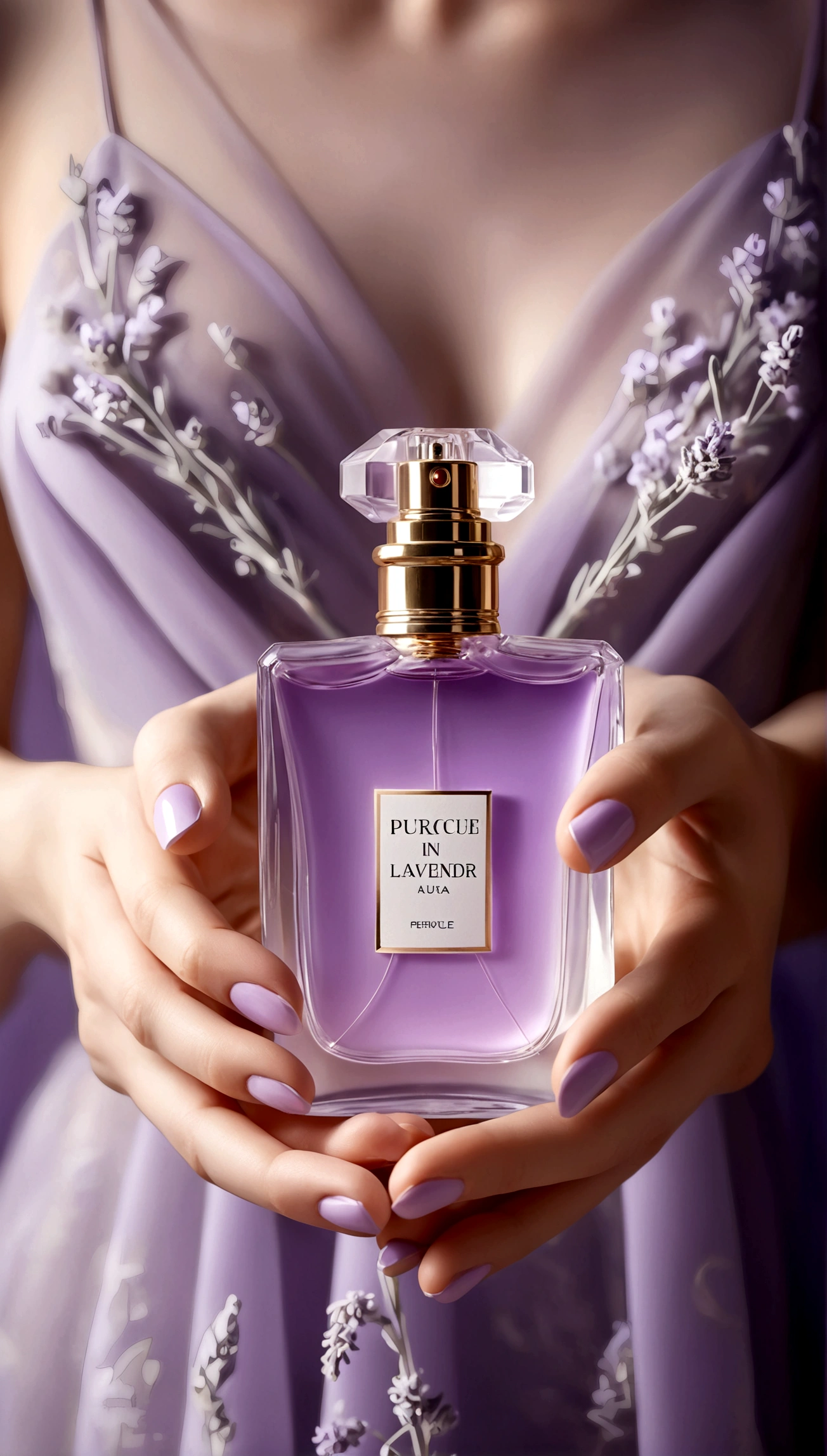 perfume in women's hands, on the hands there is a delicate lavender fabric, fabric is light on perfume, beautiful perfume, aesthetic advertising, stylish perfume, soft aura, blurred background, light, gentle perfume, cold haze