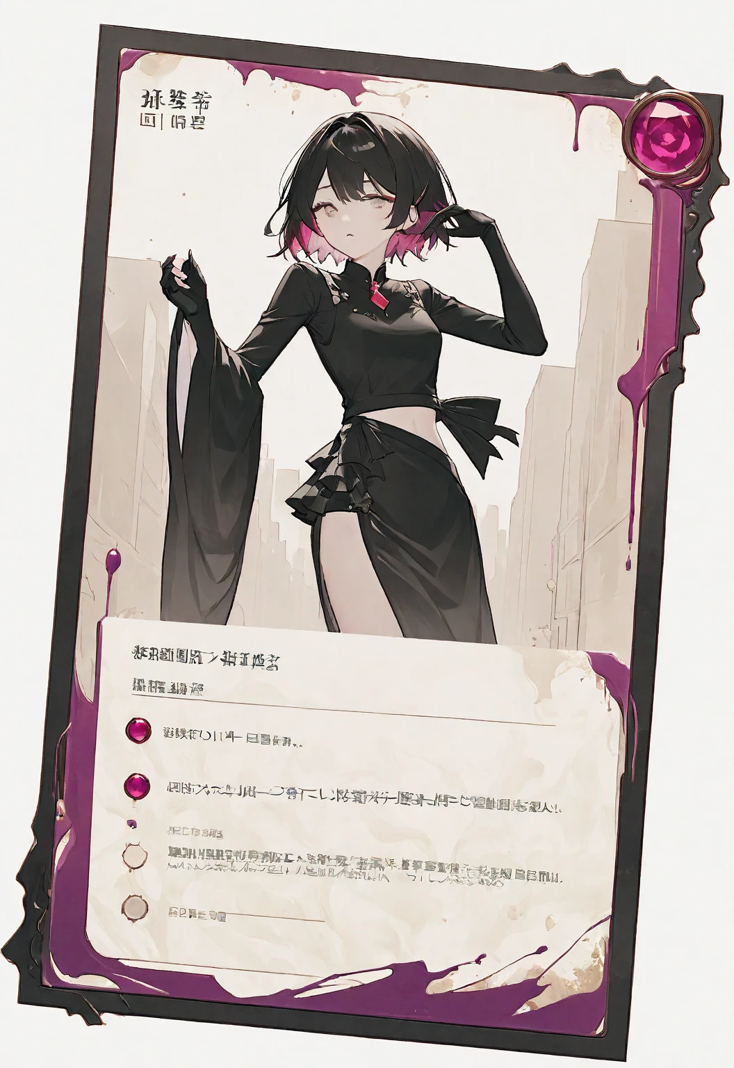 A card border UI,Modern urban minimalist style,Suspense style,Profile Style。Leave a square blank space in the middle,No characters。There is a ruby under the card border.。Parchment backing,There are blood stains on it。Black and White、yellowish、Purple main color。