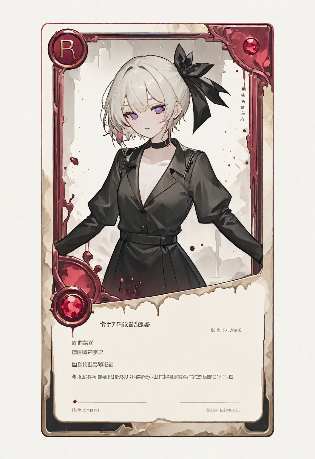 A card border UI,Modern urban minimalist style,Suspense style,Profile Style。Leave a square blank space in the middle,No characters。There is a ruby under the card border.。Parchment backing,There are blood stains on it。Black and White、yellowish、Purple main color。