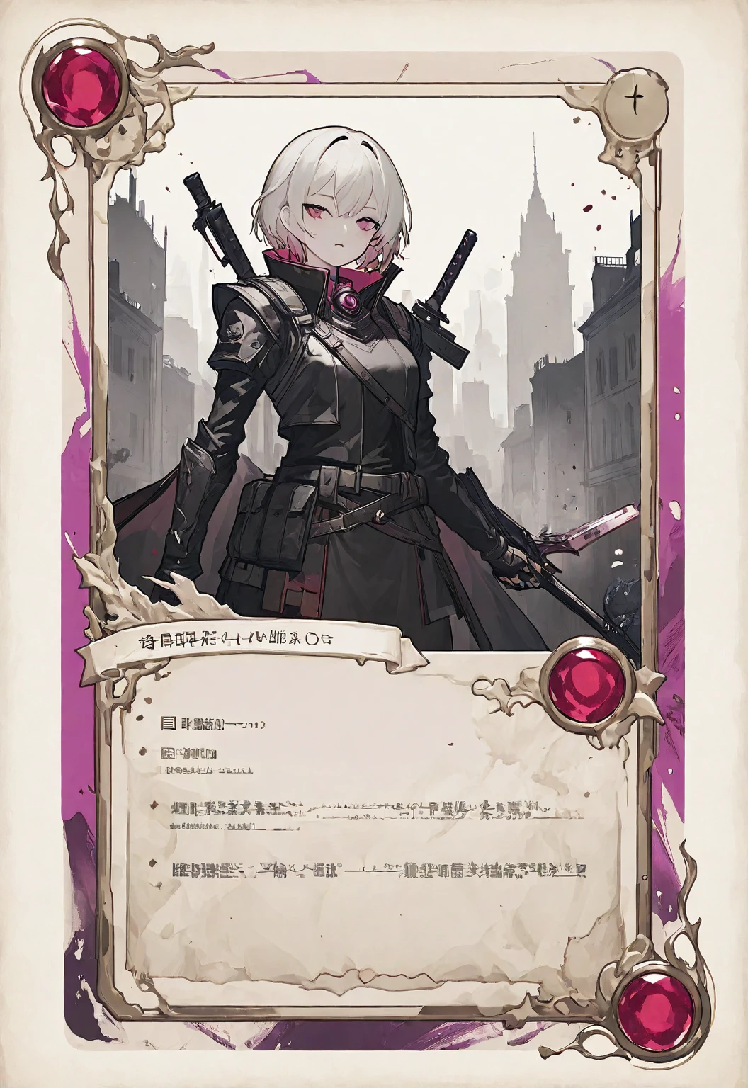 A card border UI,Modern urban minimalist style,Suspense style,Profile Style。Leave a square blank space in the middle,No characters。There is a ruby under the card border.。Parchment backing,There are blood stains on it。Black and White、yellowish、Purple main color。