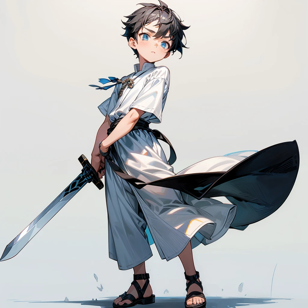 1little boys, Full body version, blue eyes, undercut hair, black colour hair, plain full white tunic Roman clothing, short sleeve shirt, gladiator sandals, plain sword in hand, Grassroots background