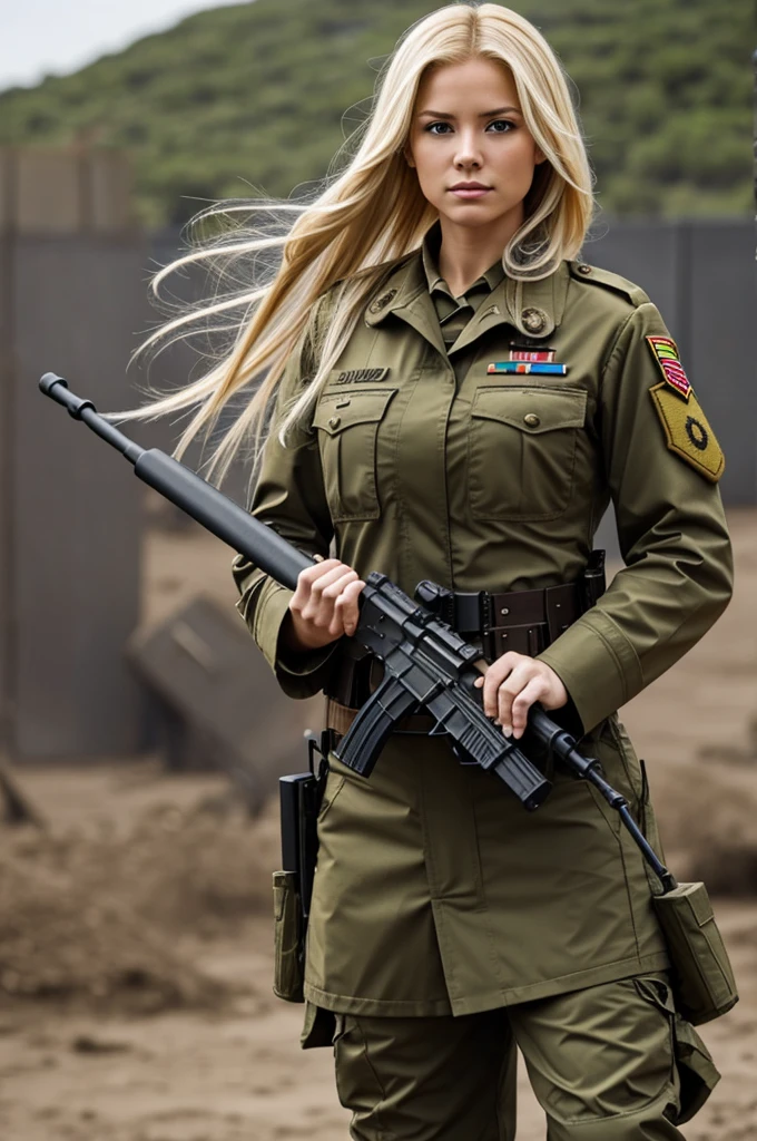 Blond hair woman with military uniform weapon in her hand battle background