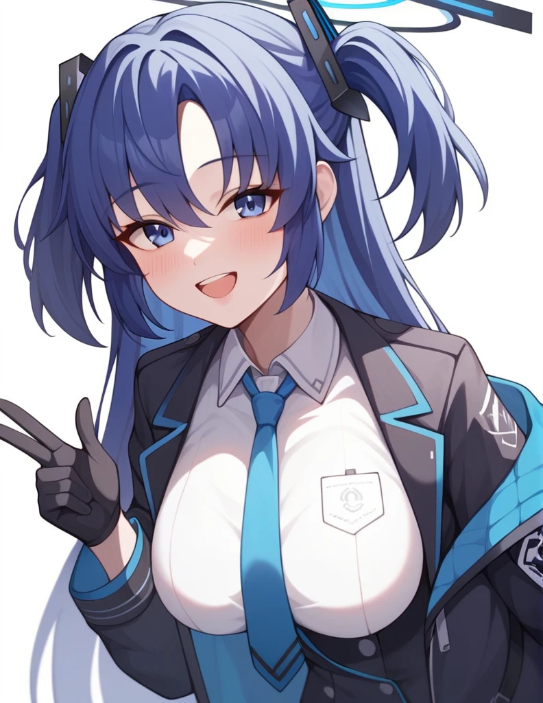 (leaning forward), (((5finger))), ((hotel room)), 1girl, yuuka \(blue archive\), blue archive, uniform, gloves, mechanical halo, upper body, white background, Hugh breasts, halo, looking at viewer, breasts, blue hair, blue necktie, jacket, long hair, shirt, necktie, blue eyes, blush, hair ornament, smile, white shirt, dark blue hair, black gloves, holding, open mouth, open clothes, half twintails, solo, hair between eyes, open jacket, very aesthetic, masterpiece, best quality, absurdres, sensitive, 