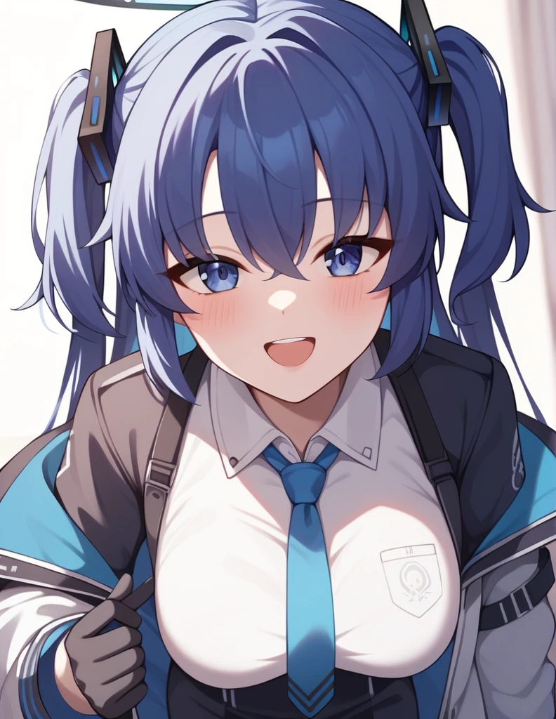 (leaning forward), (((5finger))), ((hotel room)), 1girl, yuuka \(blue archive\), blue archive, uniform, gloves, mechanical halo, upper body, white background, Hugh breasts, halo, looking at viewer, breasts, blue hair, blue necktie, jacket, long hair, shirt, necktie, blue eyes, blush, hair ornament, smile, white shirt, dark blue hair, black gloves, holding, open mouth, open clothes, half twintails, solo, hair between eyes, open jacket, very aesthetic, masterpiece, best quality, absurdres, sensitive,