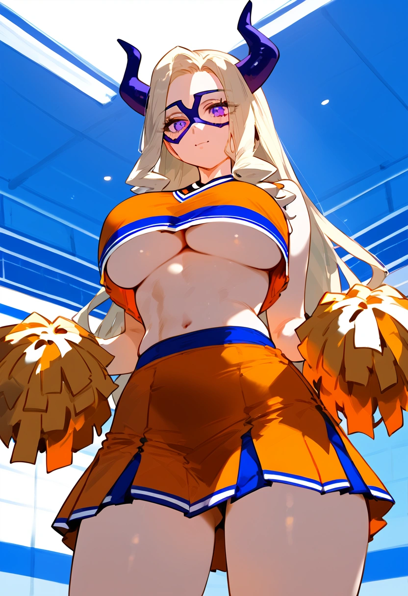 anime artwork, score_9, score_8_up, score_7_up, score_6_up, score_5_up, score_4_up, Mount Lady, blonde hair, purple eyes, big breasts, she is 24 years old, style_3, ,,, , , , , _, standing, cheerleader, skirt. underboob, u.a. cheerleader uniform, orange top, orange skirt, below view, look away