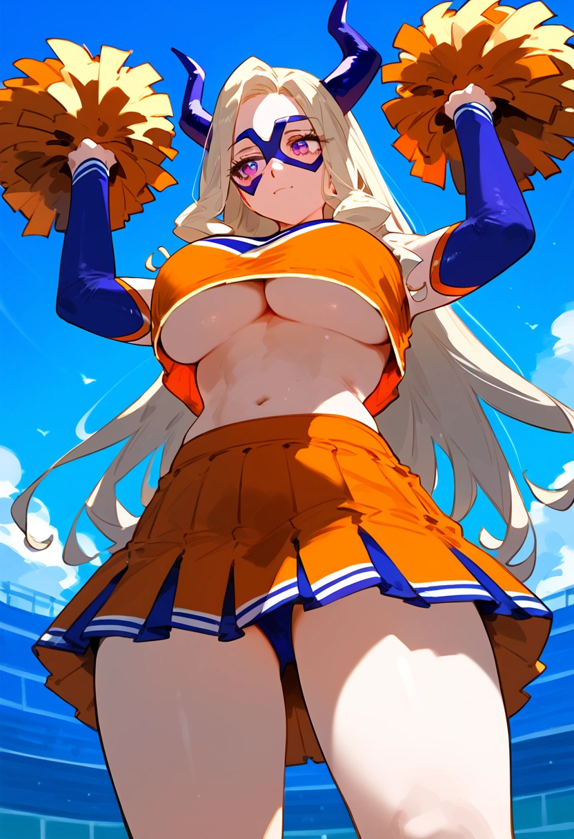 anime artwork, score_9, score_8_up, score_7_up, score_6_up, score_5_up, score_4_up, Mount Lady, blonde hair, purple eyes, big breasts, she is 24 years old, style_3, ,,,  , , , , _, standing, cheerleader, skirt. underboob, u.a. cheerleader uniform, orange top, orange skirt, below view, look away