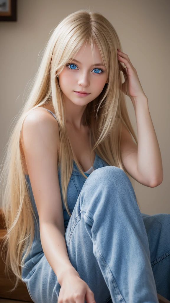 Highest quality, , Soft Light, Ultra-high resolution, (Realistic:1.4), RAW Photos, 1 Russian blonde girl, alone, cute, (A shy smile:0.5), (Tea、Blue Eyes, Light in your eyes), Beautiful face in every detail, (From head to toe),(Long Hair),( Slightly disheveled clothing)