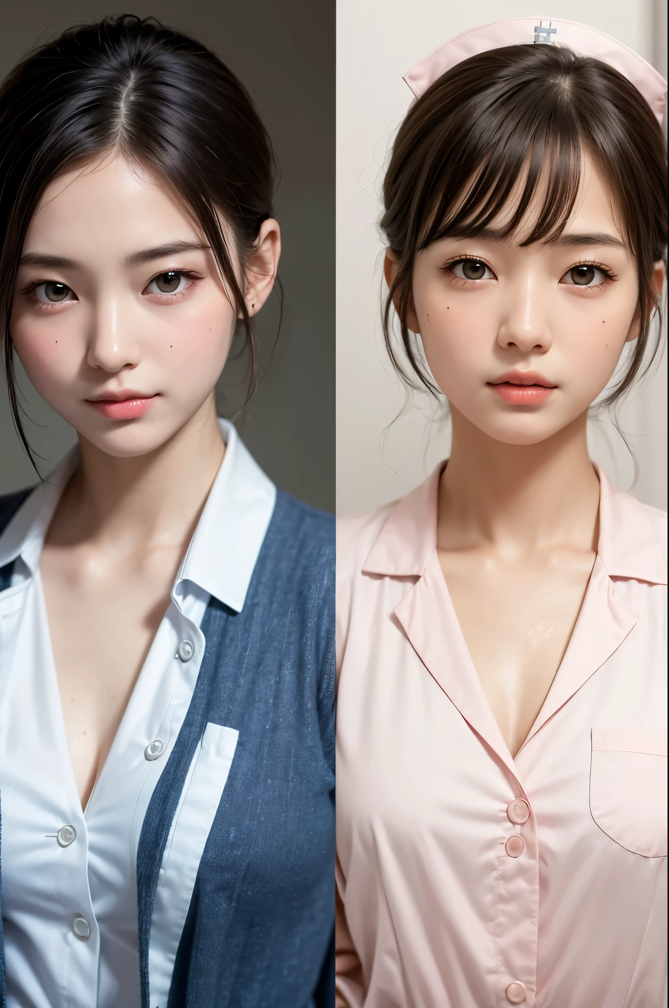 (masterpiece:1.3)、Very nice finish、(High resolution、8K:1.3)、(Highest quality、Ultra-realistic as a photo:1.5)、Sharp focus, Close up on face、超High resolutionの顔、The face is in focus、Ultra high definition and beautiful eyes、Eyes are symmetrical:1.3、High quality and beautiful skin、Firm Skin、1 Girl, 18-year-old、nurse、((White nurse uniform))、very cute、very cute、Natural Makeup, Glossy Lips、Wet eyes:1.3, blush:1.3, Embarrassing:1.3、View your viewers, short hair