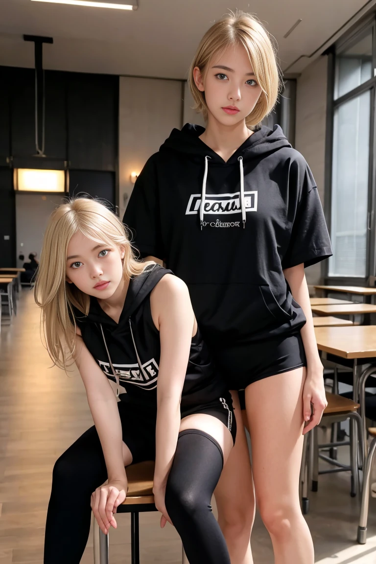 deux femmes blonde ensemble de 18 ans sexy et mince , black short sleeve hoodie , salle de classe, se touche,position sey,sensuel,visible legs,