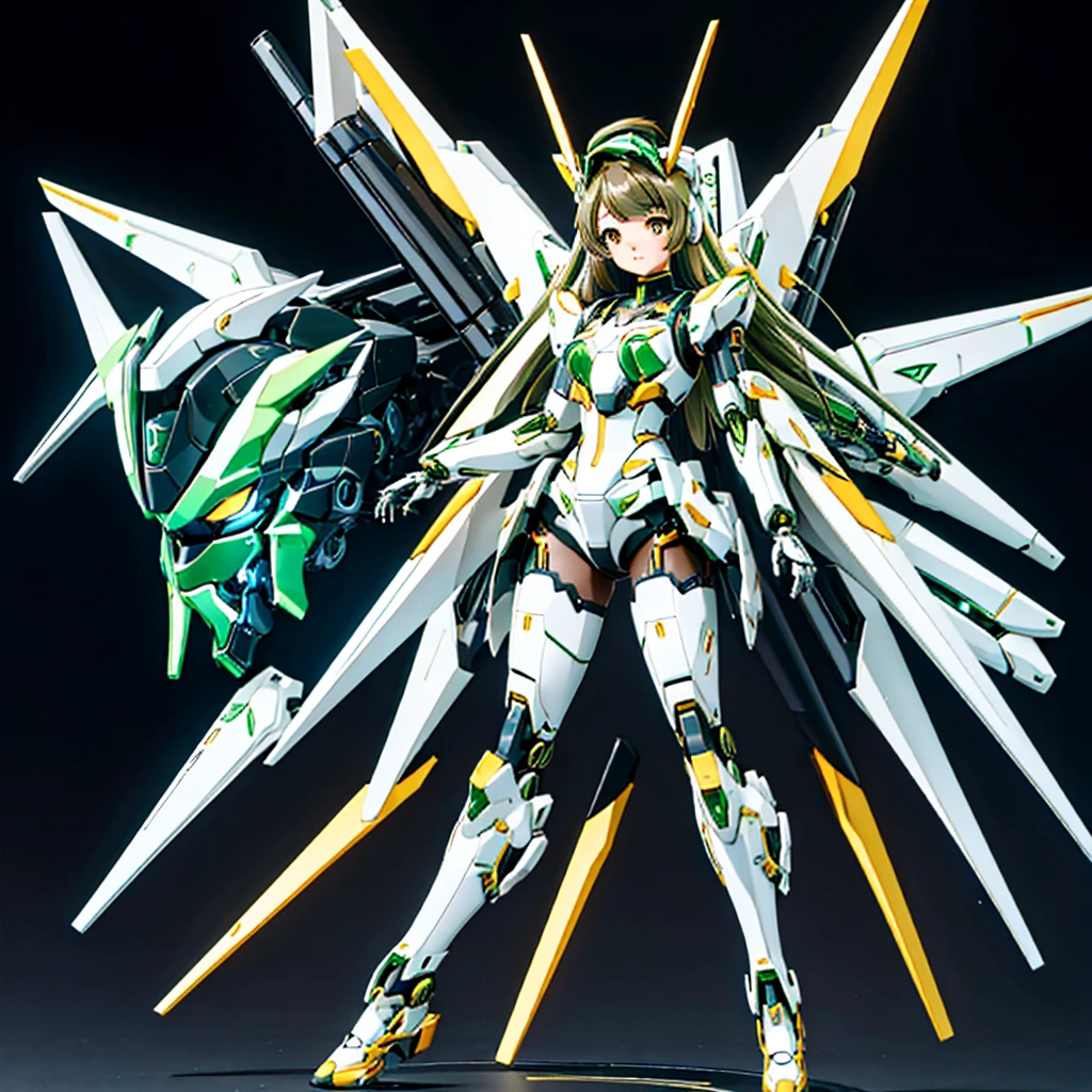 masterpiece, high quality, Gynoid Cyborg Body、The face is of Minami Kotori.、Minami Kotori, who has been remodeled into a girl-type mechanical body、Mecha Cyborg Girl、Single, frontal composition、Single image、from front, full body、Arms and legs wide open、Black Background