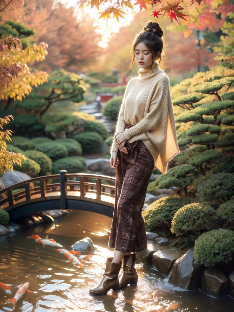 "Wanjai" embraces the tranquil beauty of fall in an idyllic Japanese garden setting. She's wearing a chic yet cozy ensemble consisting of a oversized turtleneck sweater in a warm burnt orange hue, perfectly complementing the vibrant foliage surrounding her. Her sweater is paired with tailored plaid trousers in rich burgundy and amber tones. Wanjai's feet are clad in stylish ankle boots, grounding the autumnal look. Her makeup is soft and natural, with a rosy flushed glow on her cheeks. The manicured garden features a traditional Japanese footbridge arching over a koi pond, the water's surface reflecting the fiery red maples. The entire scene is awash in the golden light of late afternoon, casting a warm, dreamy atmosphere. (cozy fall fashion: 1.4), (Japanese garden: 1.5), (autumn foliage: 1.4), (koi pond: 1.3), (traditional footbridge: 1.3), (warm golden light: 1.4), (rosy makeup: 1.2), (tranquil mood: 1.5).