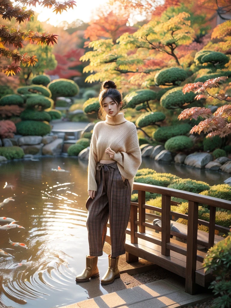 "Wanjai" embraces the tranquil beauty of fall in an idyllic Japanese garden setting. She's wearing a chic yet cozy ensemble consisting of a oversized turtleneck sweater in a warm burnt orange hue, perfectly complementing the vibrant foliage surrounding her. Her sweater is paired with tailored plaid trousers in rich burgundy and amber tones. Wanjai's feet are clad in stylish ankle boots, grounding the autumnal look. Her makeup is soft and natural, with a rosy flushed glow on her cheeks. The manicured garden features a traditional Japanese footbridge arching over a koi pond, the water's surface reflecting the fiery red maples. The entire scene is awash in the golden light of late afternoon, casting a warm, dreamy atmosphere. (cozy fall fashion: 1.4), (Japanese garden: 1.5), (autumn foliage: 1.4), (koi pond: 1.3), (traditional footbridge: 1.3), (warm golden light: 1.4), (rosy makeup: 1.2), (tranquil mood: 1.5).