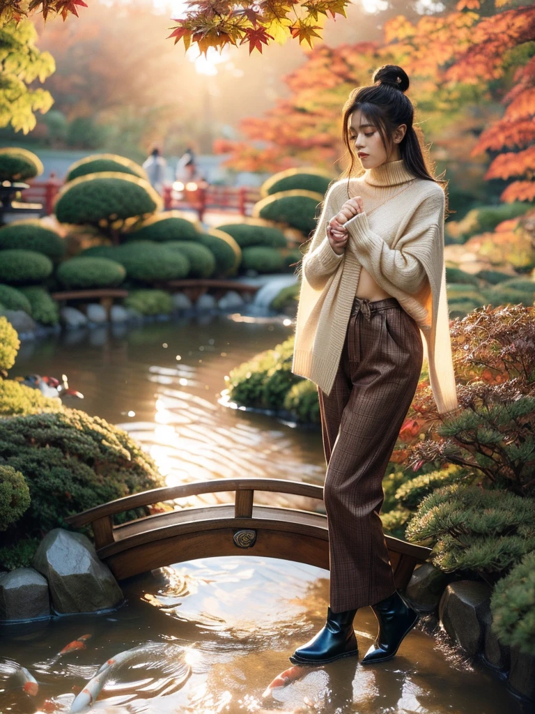 "Wanjai" embraces the tranquil beauty of fall in an idyllic Japanese garden setting. She's wearing a chic yet cozy ensemble consisting of a oversized turtleneck sweater in a warm burnt orange hue, perfectly complementing the vibrant foliage surrounding her. Her sweater is paired with tailored plaid trousers in rich burgundy and amber tones. Wanjai's feet are clad in stylish ankle boots, grounding the autumnal look. Her makeup is soft and natural, with a rosy flushed glow on her cheeks. The manicured garden features a traditional Japanese footbridge arching over a koi pond, the water's surface reflecting the fiery red maples. The entire scene is awash in the golden light of late afternoon, casting a warm, dreamy atmosphere. (cozy fall fashion: 1.4), (Japanese garden: 1.5), (autumn foliage: 1.4), (koi pond: 1.3), (traditional footbridge: 1.3), (warm golden light: 1.4), (rosy makeup: 1.2), (tranquil mood: 1.5).