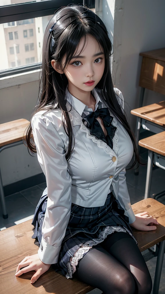 (( A female student sitting at a desk with her legs spread in a classroom)),Attractive eyes,Heartwarming action,Please turn away from the camera,Bent over,bend over,Turn back,Look up your head,Thick and long black hair,Highly detailed body,Highly detailed face,Highest quality、(P iNK Underwear),(high school girl),((White blazer、Chest emblem))、((Translucent blouse)),,((Navy Check Flared Skirt)),(Black Stockings)、((White lace panties are visible))