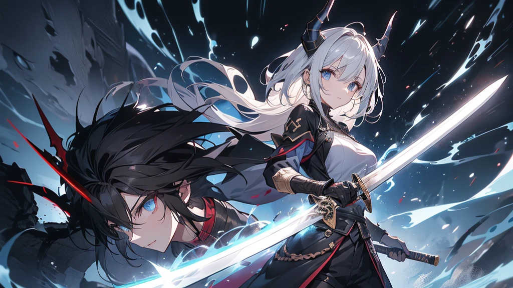 A female swordsman with a long sword attacks a horned demon in a dark dungeon