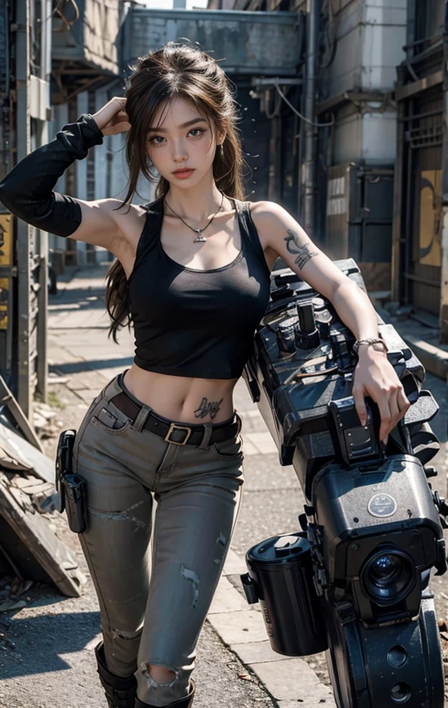 (photography:1.3, 16K, best quality, masterpiece, Ultra-high resolution), Perfect dynamic composition:1.2, Very detailedな肌と顔の質感:1.2, covered in wounds:1.2, (Post-apocalyptic world:1.0, In stark contrast to the desolate background:1.0, Adding destructive elements:1.0, There are debris and impurities scattered around:1.0), (Dynamic poses:1.0, 专业photography工作:1.0, Aim the gun at you:1.0), Very detailed, Beautiful Japanese women serving in the United States, Ultra-thin body, White skin, Very beautiful face, Serious expression, full-body shot，(Automatic Rifle:1.0, Bulletproof vest:0.5, torn military uniform:1.0, Backpack:0.5, boots:0.5), Full breasts, Chest space, Big eyes that exude beauty, Lips that radiate beauty, Cowboy shooting, necklace, earrings, bracelet, Tattoo, Military cap