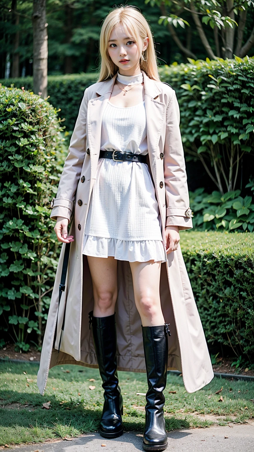 (8K、RAW Photos、Highest quality、masterpiece:1.2)、(Realistic、Realistic)、1 Girl、((Pink Coat、Black Mini Skirt、smile、Frills、one piece、whole body、See-through、boots、chest emphasis、whole body、garden、View from the front、Looking into the camera、Blonde、belt、Stand with hands on hips))、