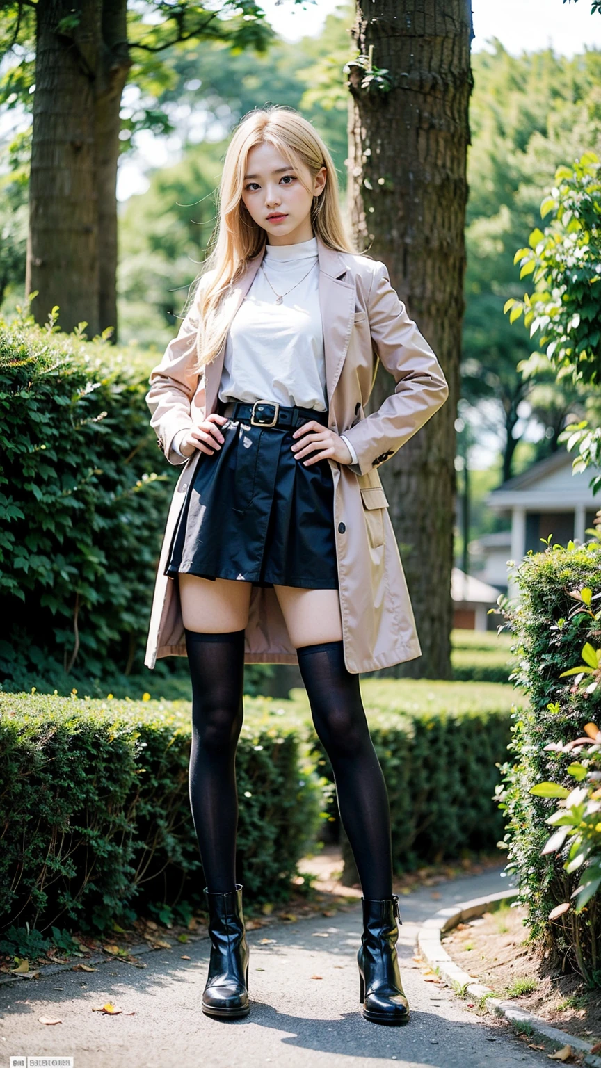 (8K、RAW Photos、Highest quality、masterpiece:1.2)、(Realistic、Realistic)、1 Girl、((Pink Coat、Black Mini Skirt、smile、Frills、one piece、whole body、See-through、boots、chest emphasis、whole body、garden、View from the front、Looking into the camera、Blonde、belt、Stand with hands on hips))、