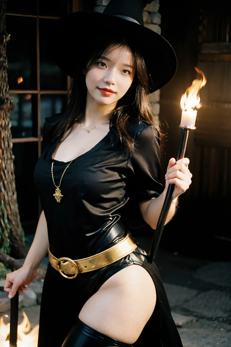 solo, 1girl, fantasy wolrd, sexy witch, staff of magic, fire folating around her.