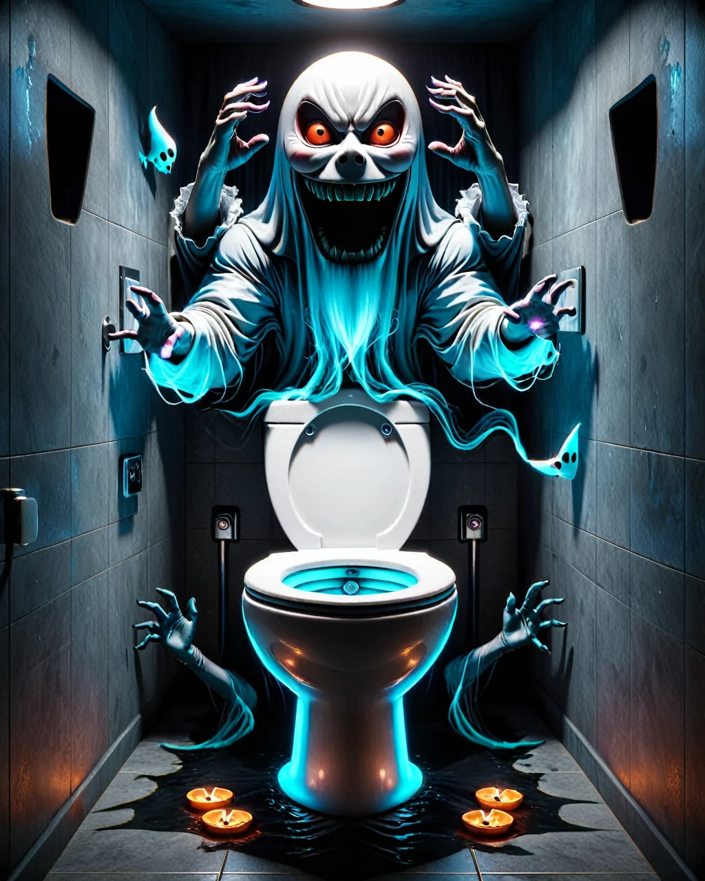 Horror style with outstretched hands, RGB Gamer Toilet, Use your gaming chair as a toilet, cyberpunk ads,, photorealistic 暗い concept art,Ghostly!, Surreal nightmare scene, Ultra-realistic, Spooky, realistic fantasy render, realistic cinema 4 d render, Ultra-realisticなコンセプトアート, Surreal 3D rendering . Creepy, Anxious, , Very detailed、Japanese Yokai