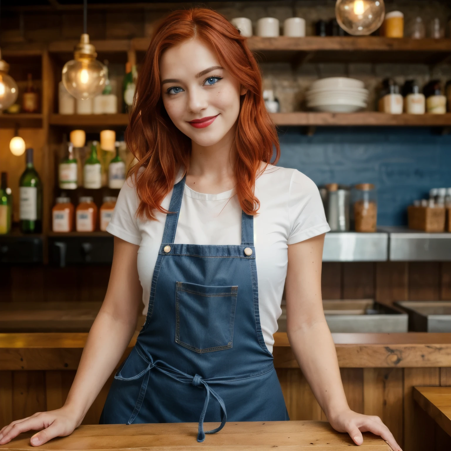 there is a girl, ((best quality)), ((detailed)),(masterpiece), ((perfect face, young)), ((red hair)), ((blue eyes)) long hair, freckles, makeup, natural face expressions, red lips, slightly smiling, standing, wearing jeans and a top with an apron ((female waitress)), capture to thighs