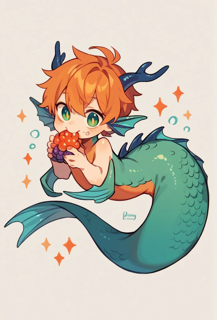a mermaid hybrid boy, orange colors with flashes of the sea, defined and detailed eyes. eating a dragon berry, version chibi