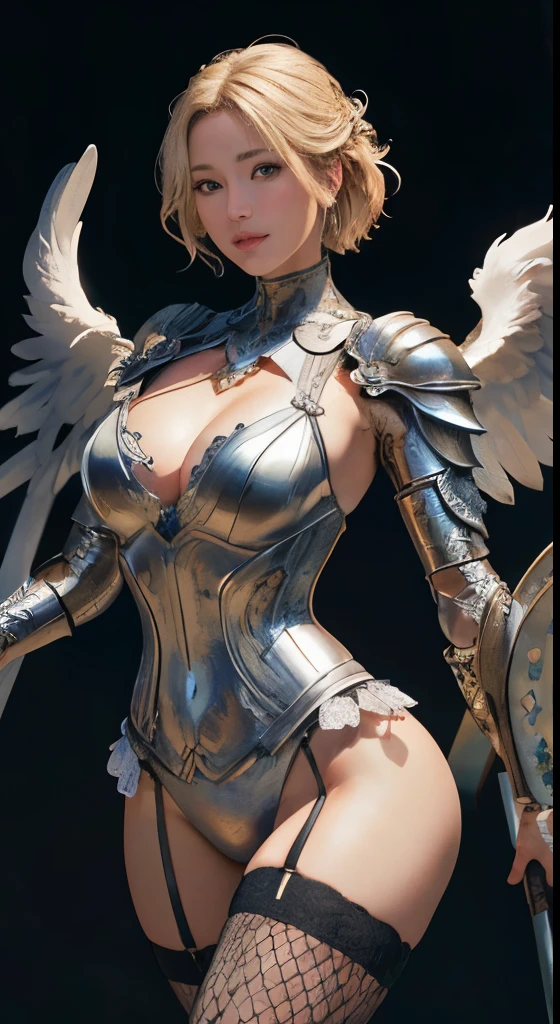 (Perfect Anatomy), (Highest quality), Realistic, (Live Action, Intricate details, Written boundary depth)、8k Very detailed, Perfect Face, Perfect body, Natural background bokeh.Huge breasts, Very big ass,Open、sexy、Glamour、blonde、Short Bob、Transparency、Perfect appearance、 whole body、From head to thighs、Perfect appearance, Natural soft light, Anatomically correct((太ももを含むwhole body)),((SFW:1.5)),
Colosseum、Medieval Europe、female knight(Lavish decoration), Wearing heavy silver armor, Fishnet tights, Angel wings growing, With a sword and shield