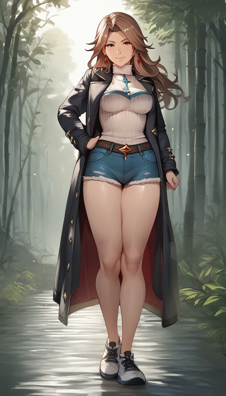 core_9, score_8_up, score_7_up, score_6_up, uncensored, katalina \(granblue fantasy\), long hair, parted bangs, brown hair, brown eyes, sweating, BREAK (masterpiece:1.2), best quality, high resolution, (detailed eyes:1.3), perfect lighting, (perfect hands, perfect anatomy), 1girl, solo, pantyhose, standing, coat, full_body, looking_at_viewer, black_legwear, smile, casual, shoes, turtleneck, simple_background, jacket, tree, bamboo, forest, smoke, water drop, spotlight, bokeh, bootyshorts, sneakers,
