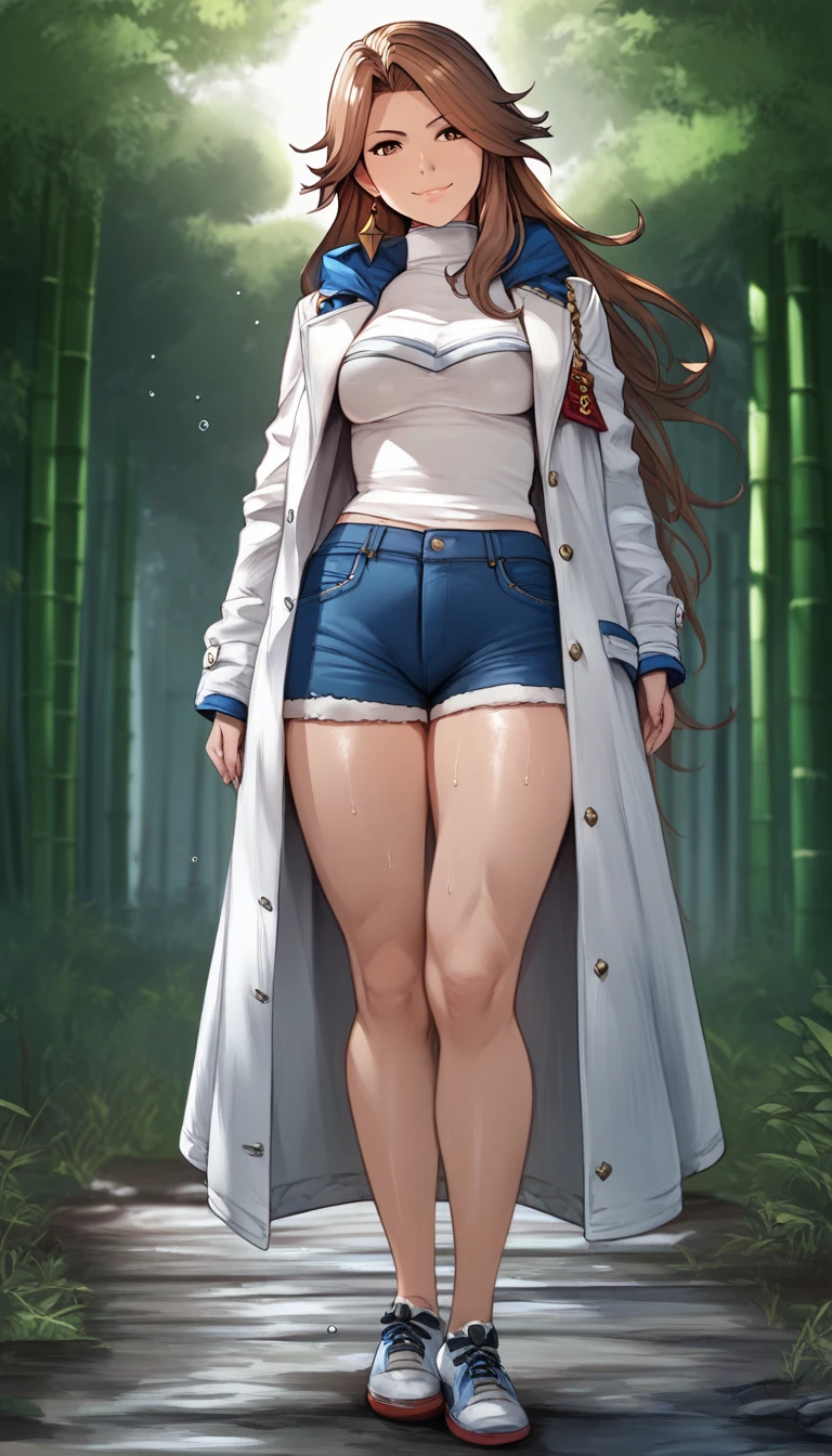 core_9, score_8_up, score_7_up, score_6_up, uncensored, katalina \(granblue fantasy\), long hair, parted bangs, brown hair, brown eyes, sweating, BREAK (masterpiece:1.2), best quality, high resolution, (detailed eyes:1.3), perfect lighting, (perfect hands, perfect anatomy), 1girl, solo, pantyhose, standing, coat, full_body, looking_at_viewer, black_legwear, smile, casual, shoes, turtleneck, simple_background, jacket, tree, bamboo, forest, smoke, water drop, spotlight, bokeh, bootyshorts, sneakers,
