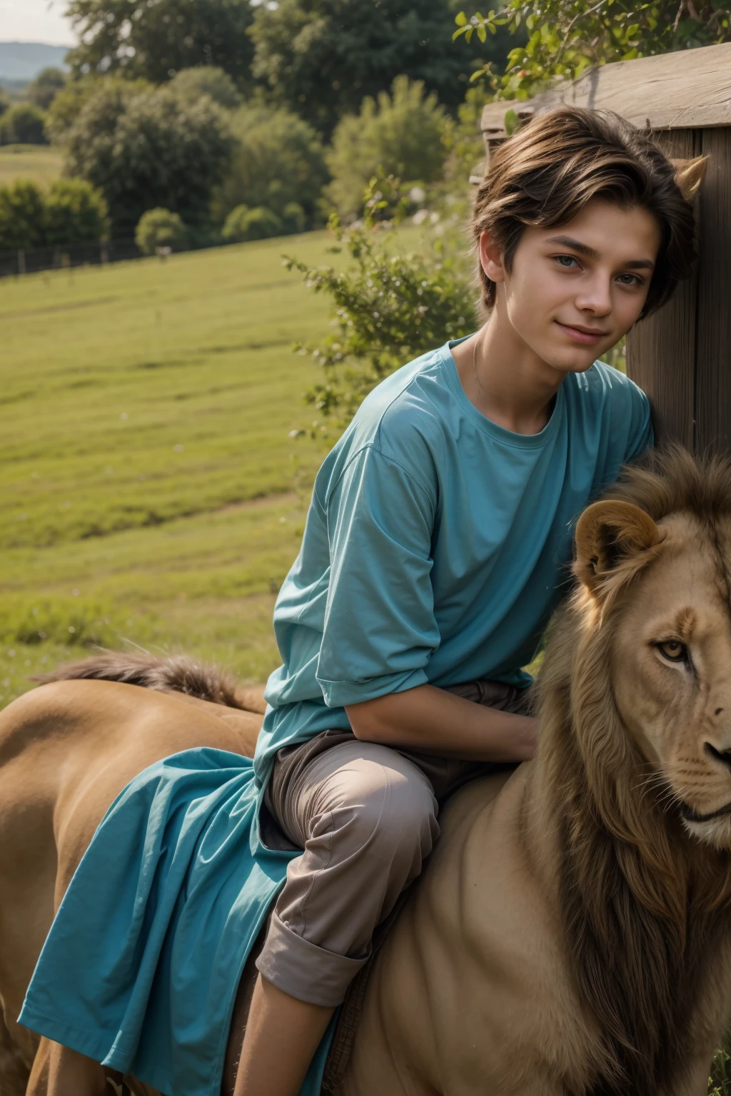 A beautiful young male twink with black hair, wearing an aquamarine-sleeved shirt and brown pants, and he is on the huge farm, riding on a lion and looking proudly.