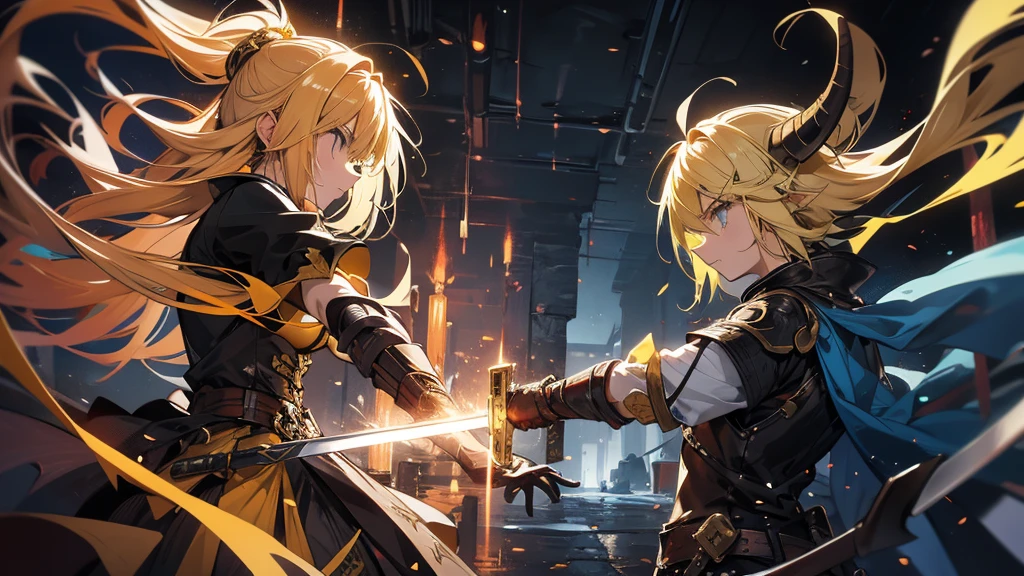 A yellow-haired female swordsman with a long sword facing off against a horned demon in a dark dungeon