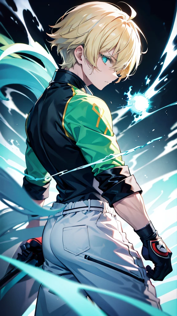 profile background, anime boy, serious face, blond hair, cyan eyes, martial arts clothing, high-res portrait, bathing an english punch wielded in green lightning, detailed eyes and face, character, fantasy, advanced urban, looking from behind at viewer, 4K, high resolution