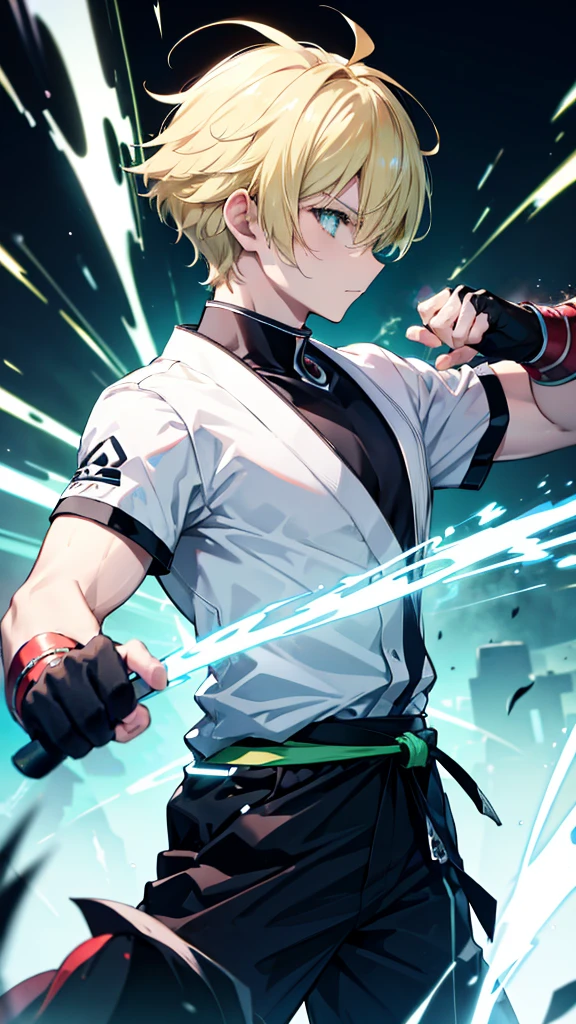 profile background, anime boy, serious face, blond hair, cyan eyes, martial arts clothing, high-res portrait, bathing an english punch wielded in green lightning, detailed eyes and face, character, fantasy, advanced urban, looking from behind at viewer, 4K, high resolution