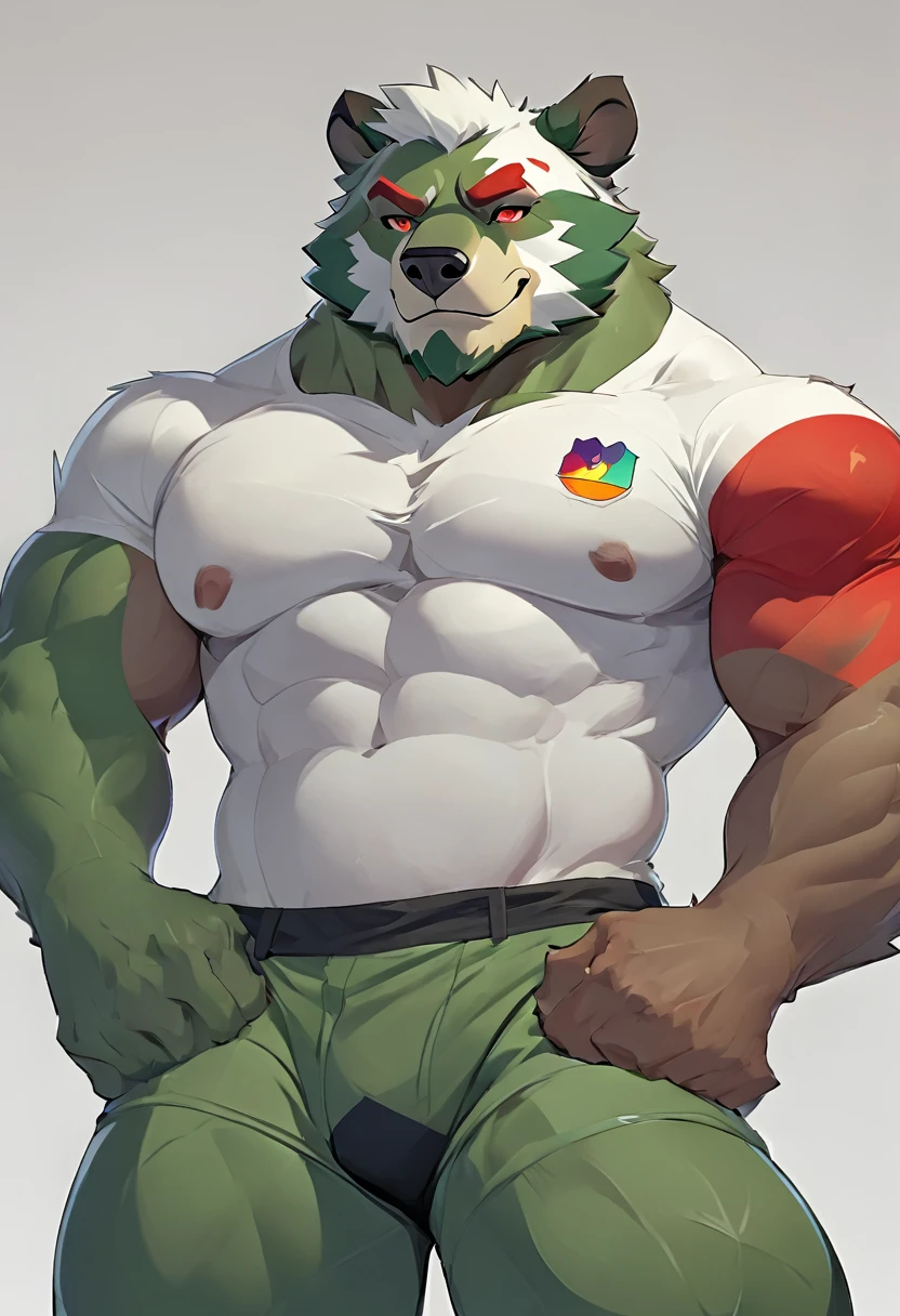 anthro, kemono, male, solo, (((green bear))), (((green fur))), green hair, red eyes, beard, white eyebrows, sexy, blush, wink, simple background, wear a white t-shirt, wave a big lgbt flag,