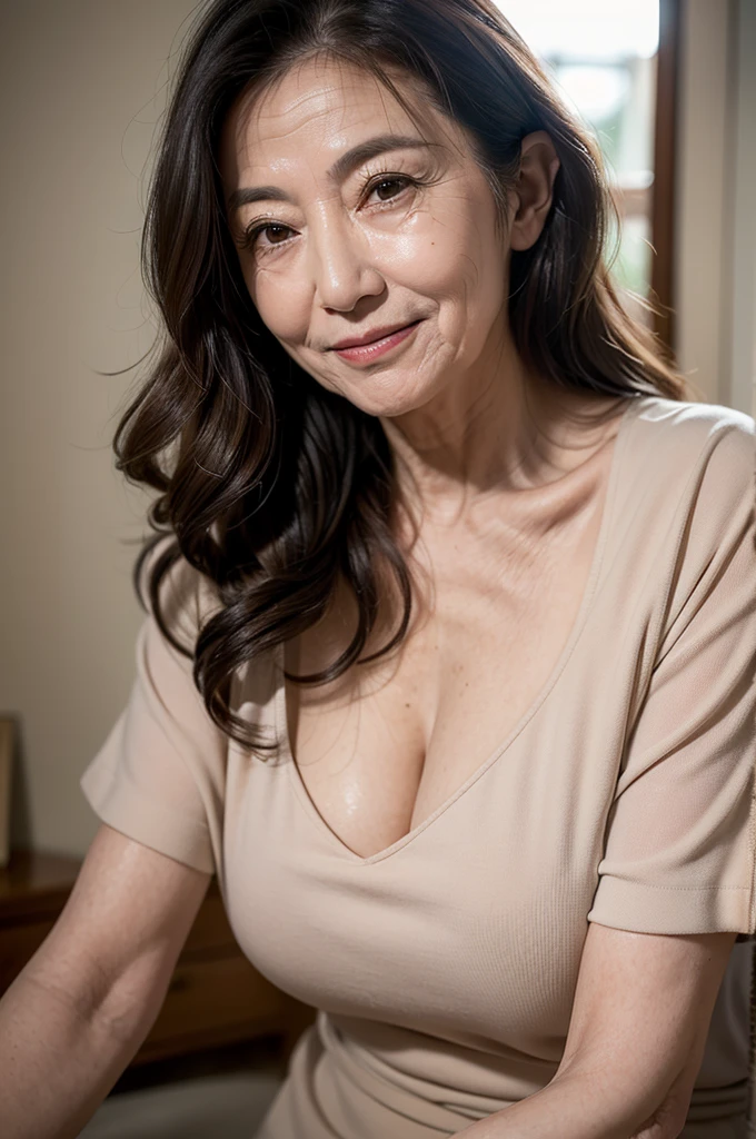 (masterpiece:1.4),(69-year-old woman:1.5),(facial wrinkles 1.2),smirking face,Wavy Hair, motherly mature woman, mocking face