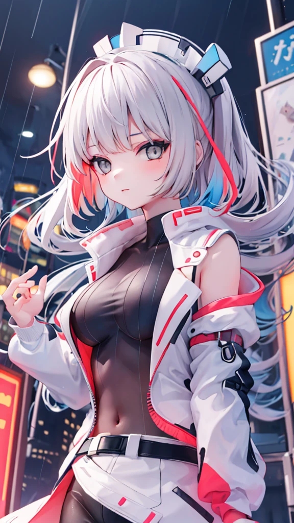 Portraiture, 1 Girl, Beautiful Face, Asymmetrical Hair, Multi-coloured hair, belt, Bodysuits, Covered my mouth, Covered navel, Removable sleeves, Grey Eyes, Hip vents, Open jacket, cute, View the viewer, City of night, neon, Rainy,