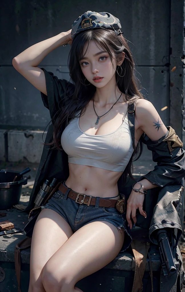 (photography:1.3, 16K, best quality, masterpiece, Ultra-high resolution), Perfect dynamic composition:1.2, Very detailedな肌と顔の質感:1.2, covered in wounds:1.2, (Post-apocalyptic world:1.0, In stark contrast to the desolate background:1.0, Adding destructive elements:1.0, There are debris and impurities tered around:1.0), (Dynamic poses:1.0, 专业photography工作:1.0, Aim the gun at you:1.0), Very detailed, Beautiful Japanese women serving in the United States, Ultra-thin body, White skin, Very beautiful face, Serious expression, full-body shotatic Rifle:1.0, Bulletproof vest:0.5, torn military uniform:1.0, Backpack:0.5, boots:0.5), Full breasts, Chce, Big eyes that exude beauty, Lips that radiate beauty, Cowboy shooting, necklace, earrings, bracelet, Tattoo, Military cap