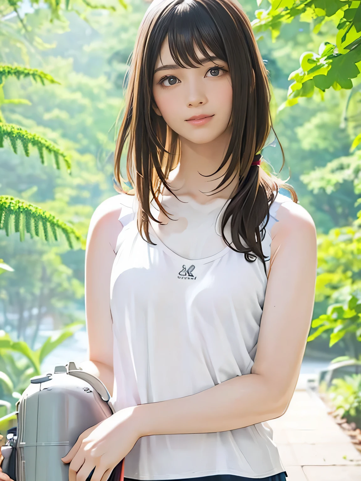 1girl, woman, 20 years old woman, girl in summer clothes, beautiful, medium breasts, flirtatious look, ((very detailed)), (perfectly detailed face), (well detailed hand), photorealistic image, high res, 1girl, woman, 20 years old woman, ((tanktop jersey:1.78)), looking at viewer:1.8, (1girl eyes looking at viewer:1.55), camisole, Upper body, Plain costumes, Simple Background, Emphasis on the chest, Hands behind the body, White outfit, photorealistic, (bokeh), best quality, 8k, UHD, UHD