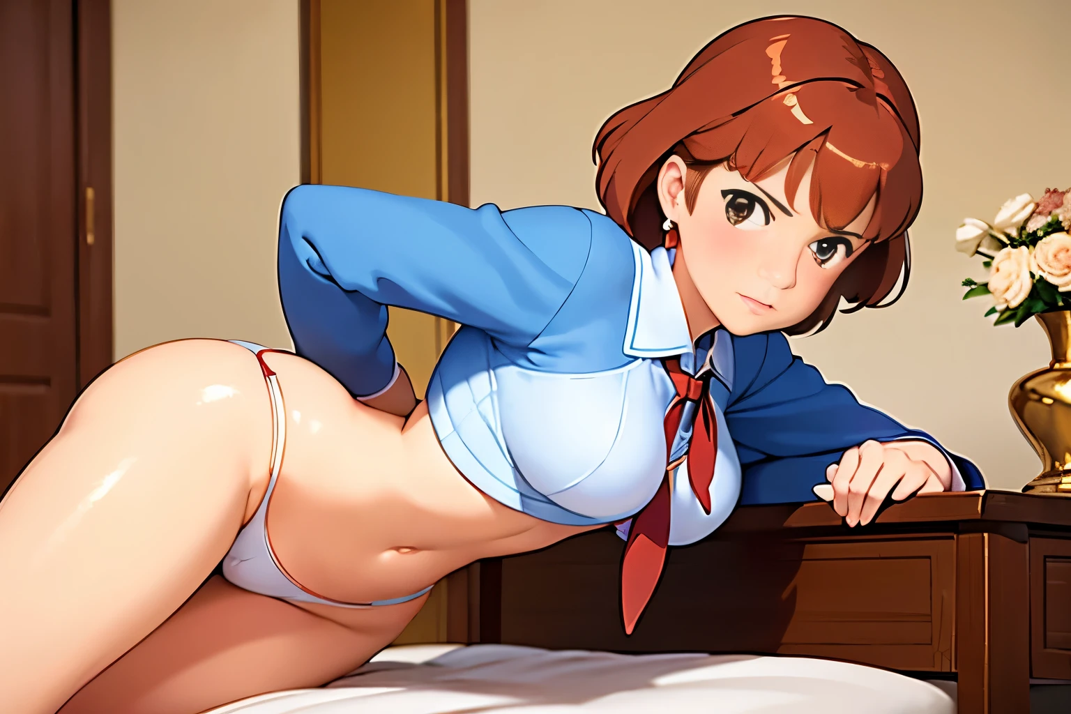 (masterpiece, highest quality, High resolution, 8k, High quality anime, sensual illustrations, Detailed and realistic), ((Nausicaa in a JK uniform)), Love in Nausicaa, Full nakid, Very cute,  Very beautiful girl, , , very naughty, Very kind, The best beautiful girl, adorable gaze,  Light reddish brown hair, short hair, Elegant Bob hair, Red Gem Earrings, (Looking at the audience),  Luxury Hotel Suite, Bed, Millor, Chair, Lamp, Table, Sofa bed, Beautiful pointed breasts, Pointed nipple, Virgin pussy, Beautiful ass, delicate, JK uniform, Butterfly Ribbon tie, See-through underwear, Micro bikini, Fishnet tights, Perfect beauty, the body is slim, Frightened face, Delicate, clear eyes, (Perfect and detailed anatomy, Beautiful and elaborate face&eye:1.5, Shiny skin, Perfect balance), With pride, look up, Blush, Sexy pose, Pure, (very adorable Nausicaa).