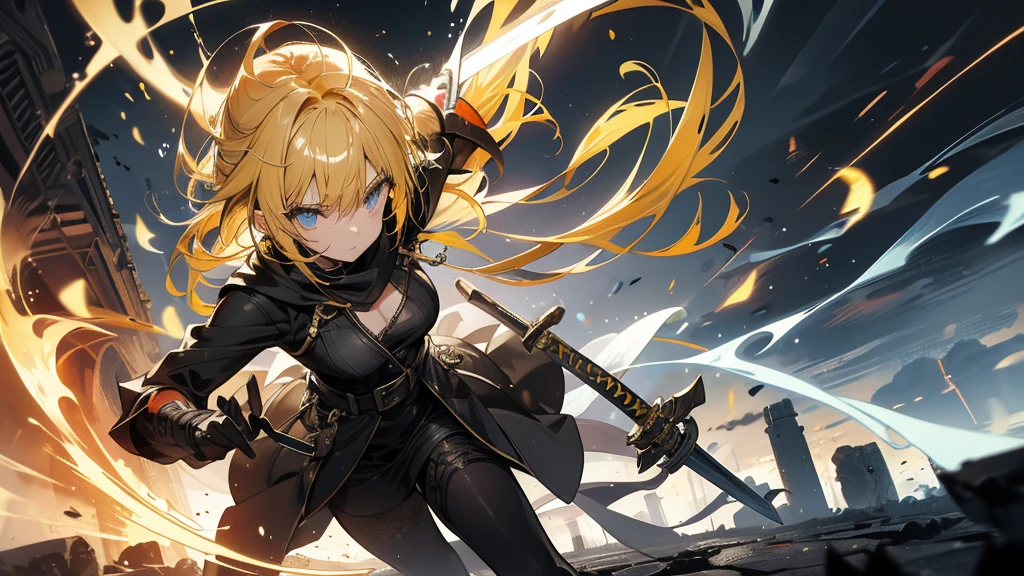 A yellow-haired female swordsman with a long sword is fighting demons in a dark dungeon