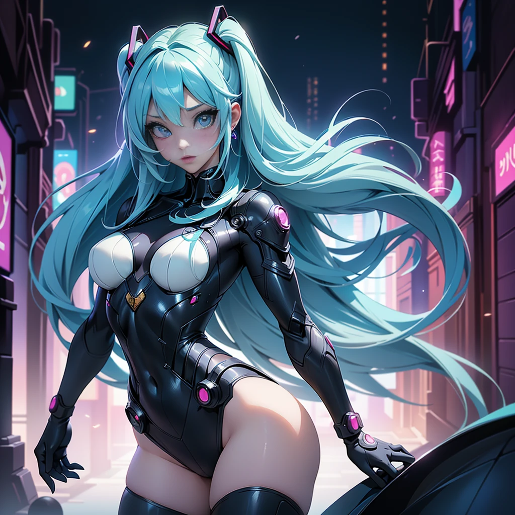 (A girl with anime-inspired cosplay, Ariana Grande cosplay, Hatsune Miku cosplay, highly detailed cosplay, ultra-detailed, high resolution, best quality, photorealistic, detailed skin texture, masterpiece, correct proportions, beautiful blue eyes, cowboy pose, cyberpunk, kawaii outfit, detailed fingers, perfect anatomy, Tokyo night alley background, showing white panties, non-deformation anatomy)