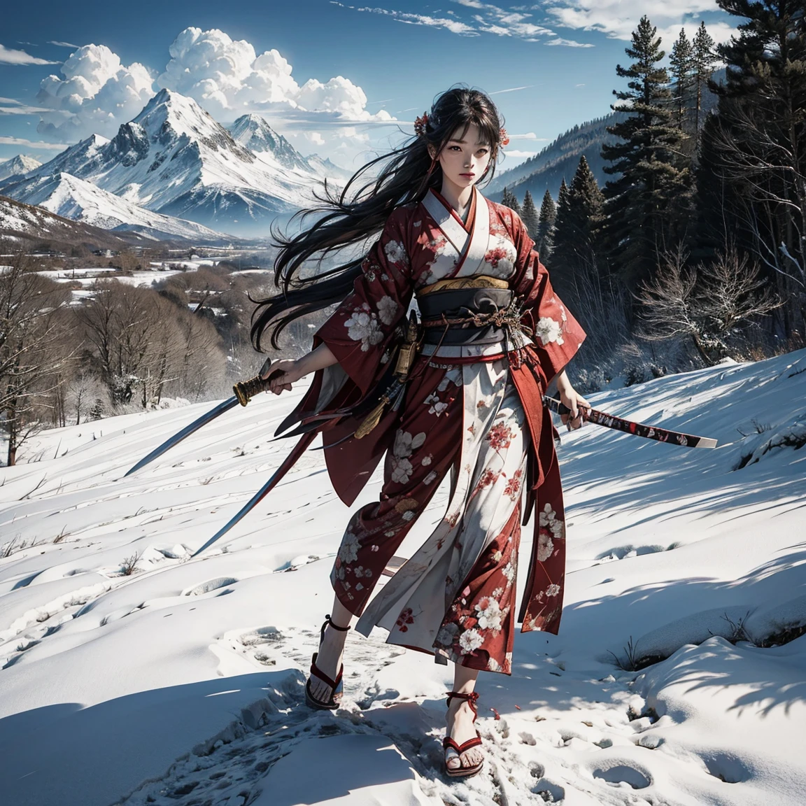 (swordsman woman、Hold the Sword、Food-for-I、Japanese Katana Sword)(masterpiece 1.4, Best Quality 1.4),1 girl in, skin detailed、Detailed and beautiful face 1.4、弓, long hair, A brunette , hair flying in the wind、white and red kimono、 Bloodstained kimono、sandals、offcial art, good composition, official pose, detailed portrayal,clouds and mountains background, Samurai, high resolution, Dramatic lighting and shadows, snowscape、In the wooded forest