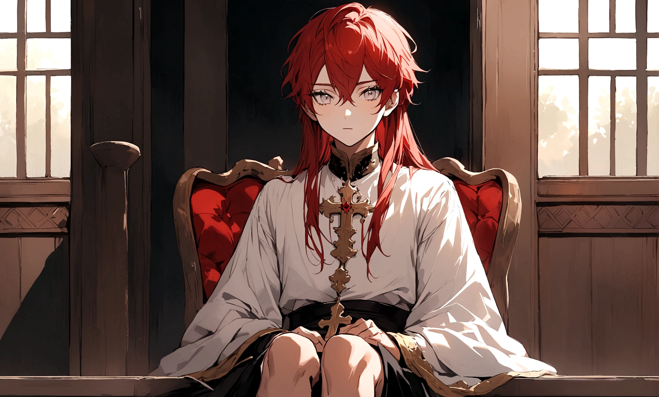 Beautiful youth,Young Man,Red Hair,Shoulder-length hair,White eyes,Long eyelashes,A well-trained body,The boy sits cross-legged
