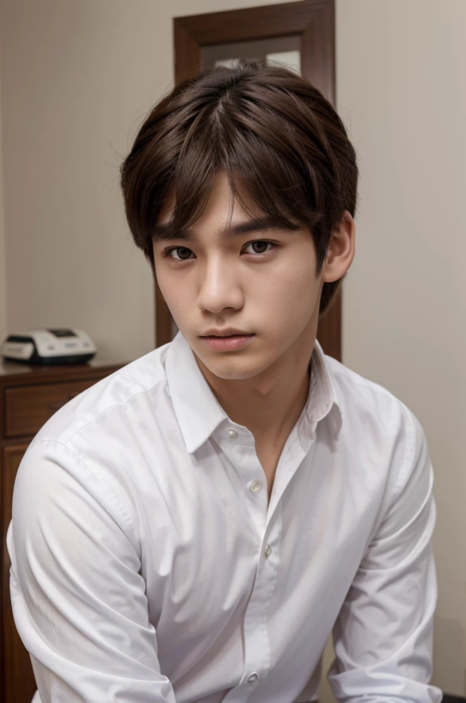 Male teenagers,handsome,comma hair hairstyle,Korea,wearing a long-sleeved white collared shirt,brown eyes,flat expression