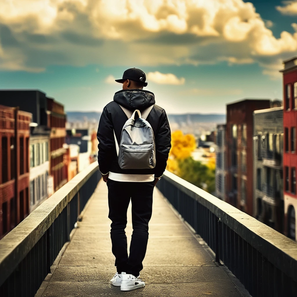 cinematic film still of From above, Juxtaposition of a man standing on a ledge looking at a city,solo,1boy,hat,standing,jacket,male focus,outdoors,sky,shoes,pants,cloud,dark skin,hood,bag,from behind,hoodie,bird,black pants,backpack,hood down,cloudy sky,building,sneakers,scenery,baseball cap,city,cityscape,photo background Juxtaposition, artistic, photography, dramatic light, dramatic shadow light, contrast, saturated color, cinematic, filmic, photographic, realistic, realism, perfection, perfect, Juxtaposed, opposite, different things, side by side, syncretism, antithesis, Juxtaposition style, shallow depth of field, vignette, highly detailed, high budget, bokeh, cinemascope, moody, epic, gorgeous, film grain, grainy